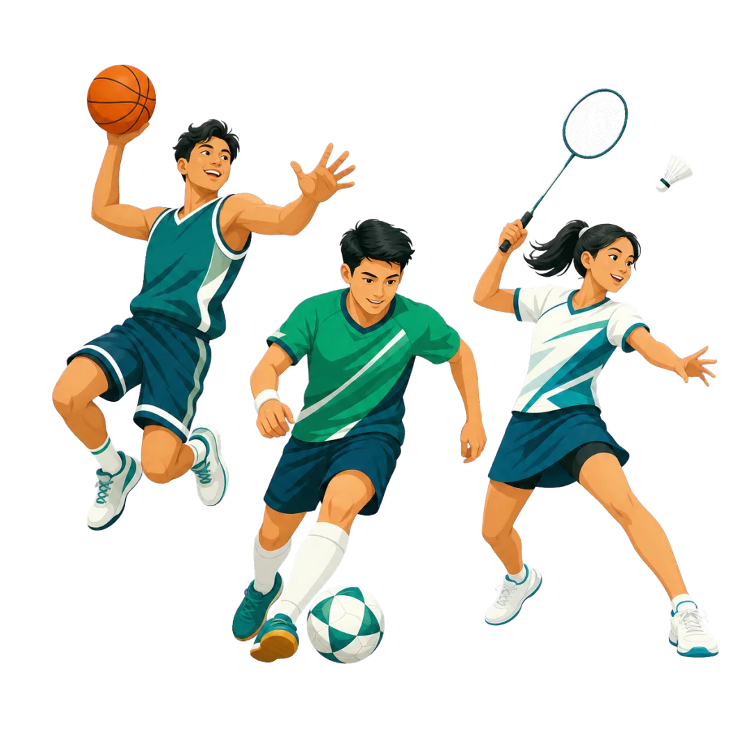 Ilustrasi pemain basket, futsal, dan badminton